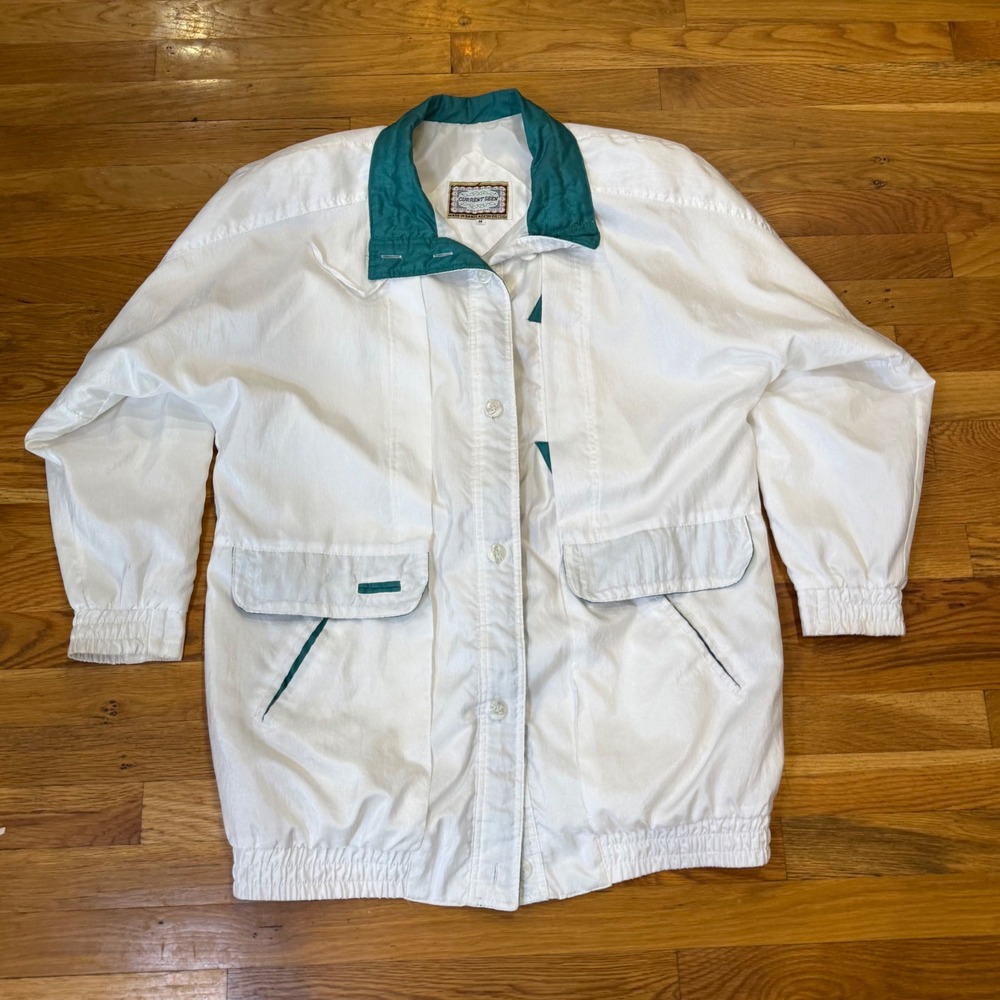 Current Seen Vintage 90s White Teal Green Windbreaker Jacket‎ Oversized Medium